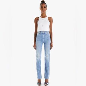 MOTHER High Waisted Rider Skimp Straight Leg Distressed Denim Jeans in Dreamer